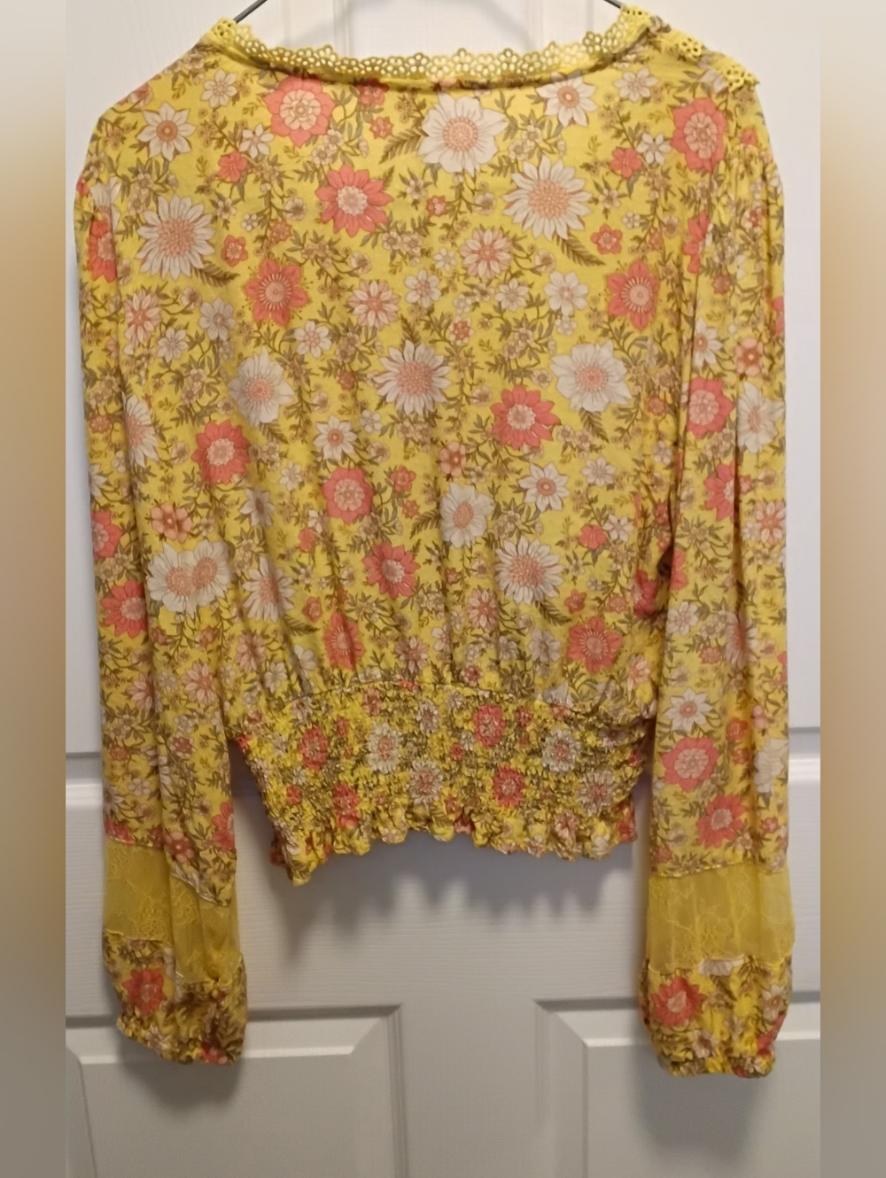 SALE:( 3/ $30.00) Yellow Floral Lace-Trim V-Neck Blouse - Picture 2 of 7